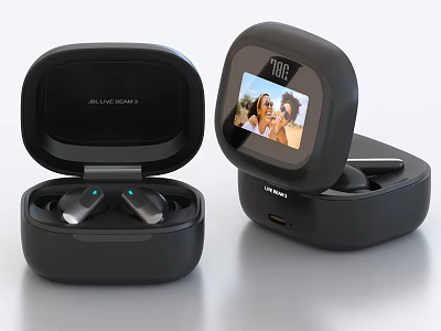 Wireless Earbuds Black Charging Case With Open Design And Digital Screen Time 3d model