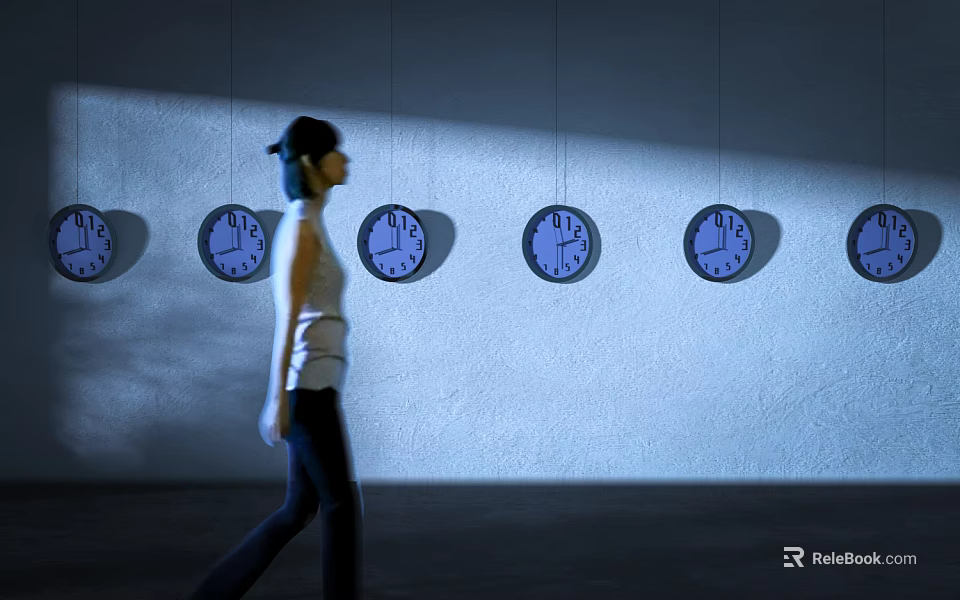 Walking woman passing by multiple clocks on wall with light and shadow effects 3d model 