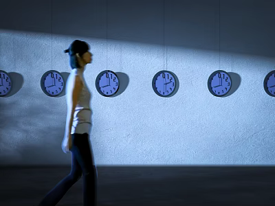 Walking woman passing by multiple clocks on wall with light and shadow effects 3d model
