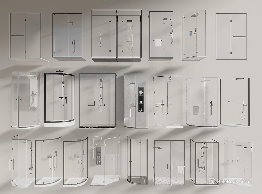 Various Styles of Modern Shower Enclosures with Glass Doors and Different Shapes 3d model 