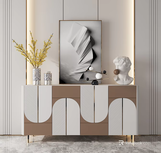 Modern Entryway Console Cabinet With Warm Lighting Vase Yellow Branches Geometric Decor And Sculpture Head 3d model 