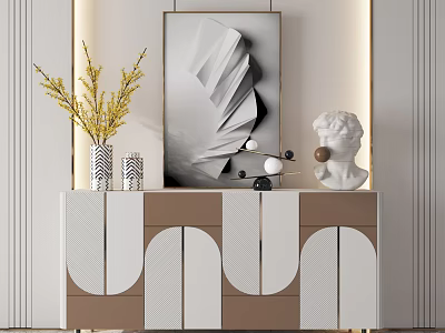 Modern Entryway Console Cabinet With Warm Lighting Vase Yellow Branches Geometric Decor And Sculpture Head 3d model