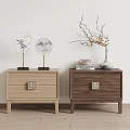 Two Light And Dark Colored Wooden Bedside Tables With Decorative Ornaments Vase And Books