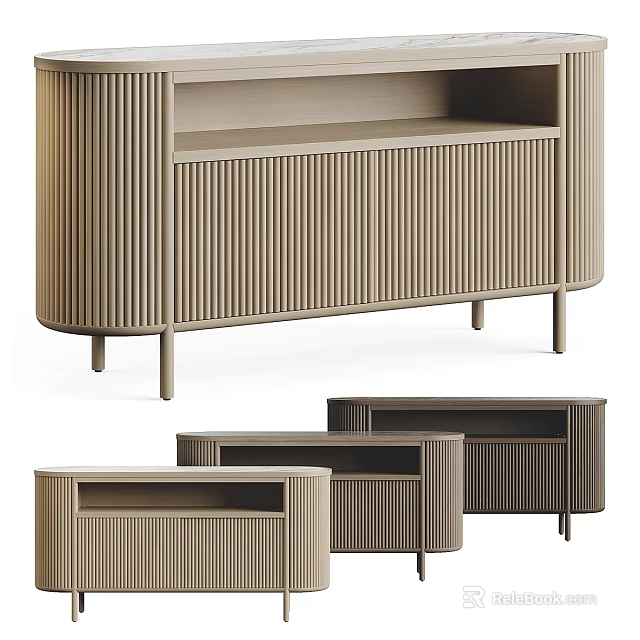 Modern Ribbed Design Console Tables In Neutral Tone With Storage Shelves And Multiple Sizes 3d model 