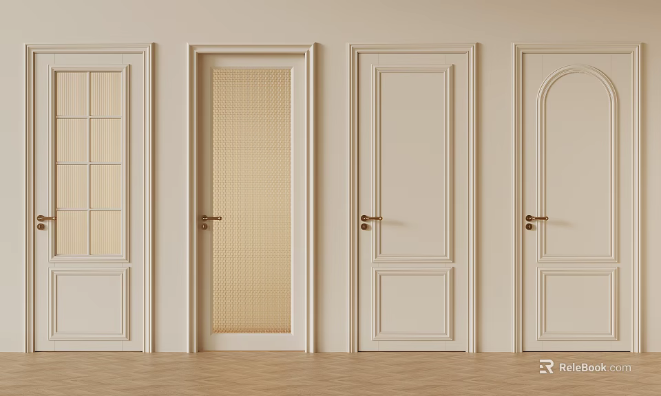 Light Colored Modern Hinged Doors Featuring Glass Panels Blind Insert Arched Top And Metal Handles 3d model 