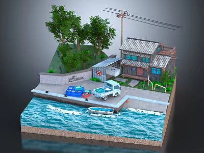 Cartoon Scene Featuring Houses Trees Vehicles Dock And Water Platform 3d model