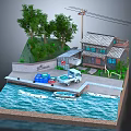 Cartoon Scene Featuring Houses Trees Vehicles Dock And Water Platform