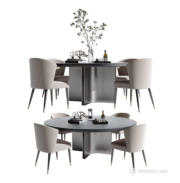 Modern Round Dining Table Set With Light Colored Chairs And Decorative Plants 3d model