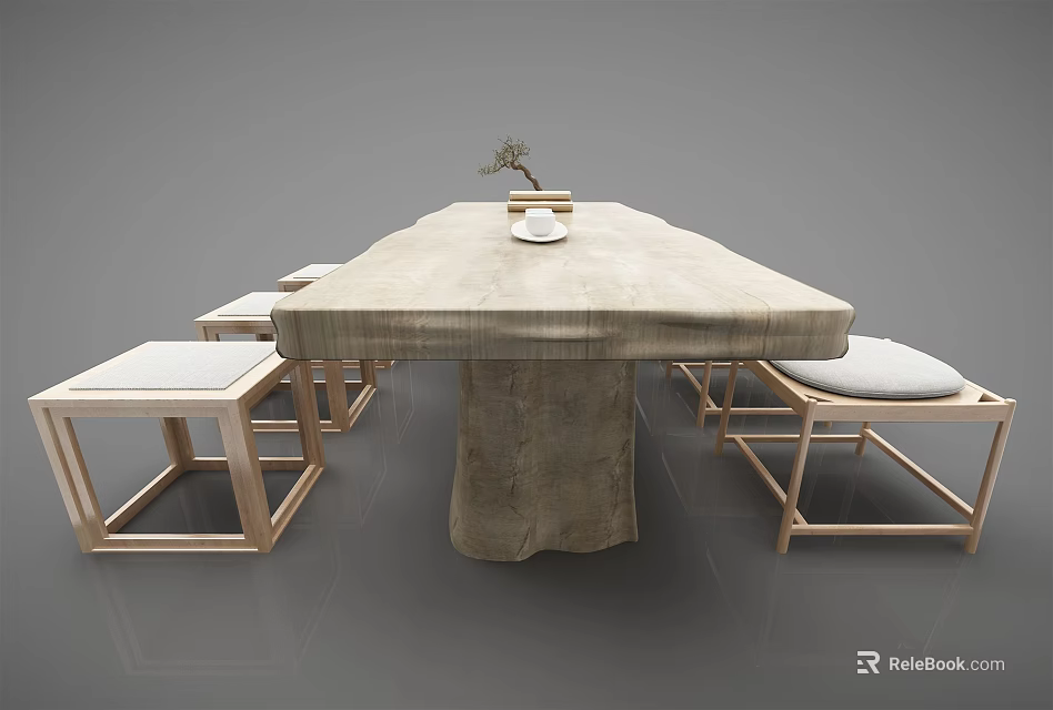 Modern Wooden Dining Table Set With Matching Stools And Simple Centerpiece 3d model