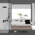 Modern Bathroom Interior Design With Glass Shower Large Mirror Sink Green Plants And Round Rug