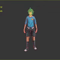 Anime Style Character With Blue Hair Blue Shirt Yellow Badge Shorts Long Socks And Sneakers