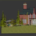 Cartoon Scene With Red House Green Roof Greenhouse Shed And Trees On Green Grass
