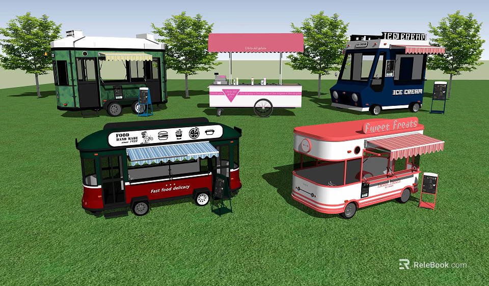 Various Colorful Food Trucks With Awnings For Mobile Food Service 3d model 