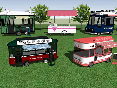 Various Colorful Food Trucks With Awnings For Mobile Food Service 3d model