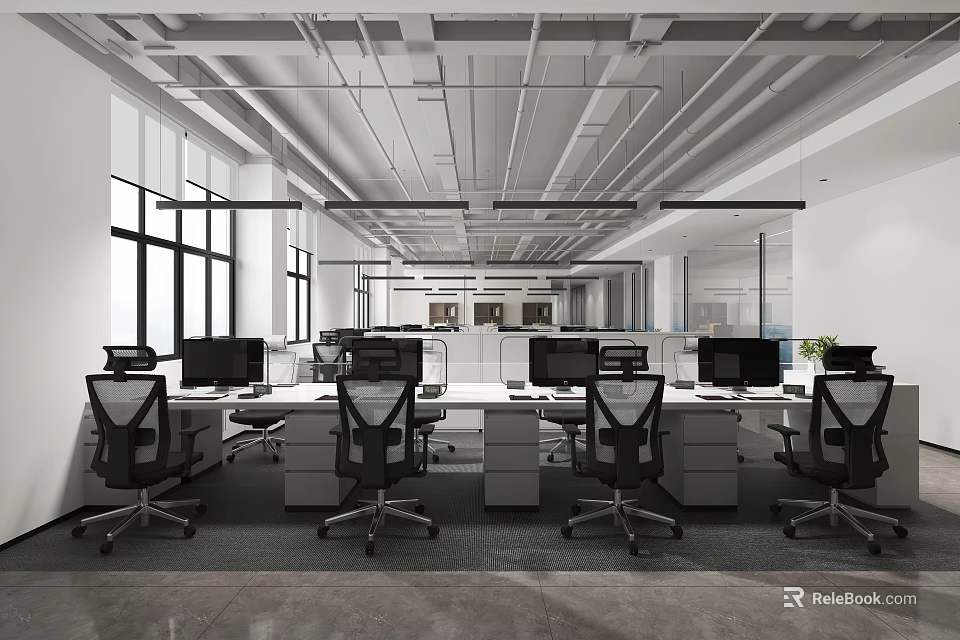 Modern Public Office Space with Multiple Desks Computers Ergonomic Chairs Large Windows and Open Layout 3d model