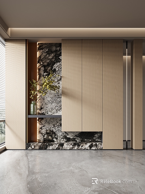 Stylish Foyer Corridor With Wooden Cabinets And Stone Accent Wall 3d model 