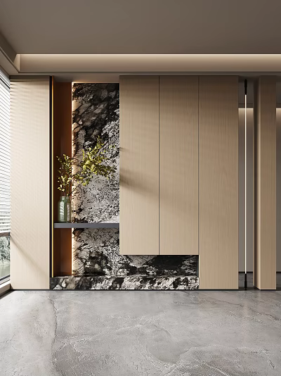 Stylish Foyer Corridor With Wooden Cabinets And Stone Accent Wall 3d model