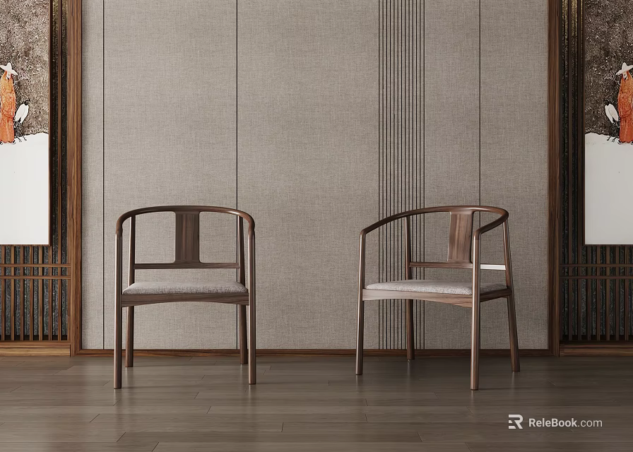 Minimalist Armchairs With Wooden Frame And Light Fabric Seats In Interior With Gray Wall 3d model 