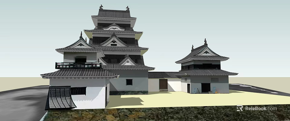 Traditional Japanese Castle With Multi Layered Tile Roofs And Adjacent Buildings 3d model 