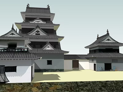 Traditional Japanese Castle With Multi Layered Tile Roofs And Adjacent Buildings 3d model