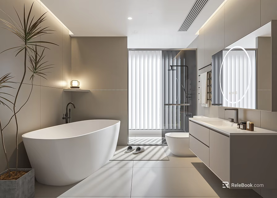 Modern Neutral Tone Bathroom Interior With Freestanding Bathtub Glass Shower Enclosure And Wall Mounted Vanity 3d model 