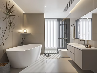 Modern Neutral Tone Bathroom Interior With Freestanding Bathtub Glass Shower Enclosure And Wall Mounted Vanity 3d model