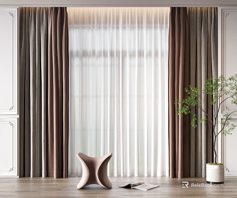 Modern Curtains With Sheer Layers And Brown Panels In Living Room Interior 3d model 