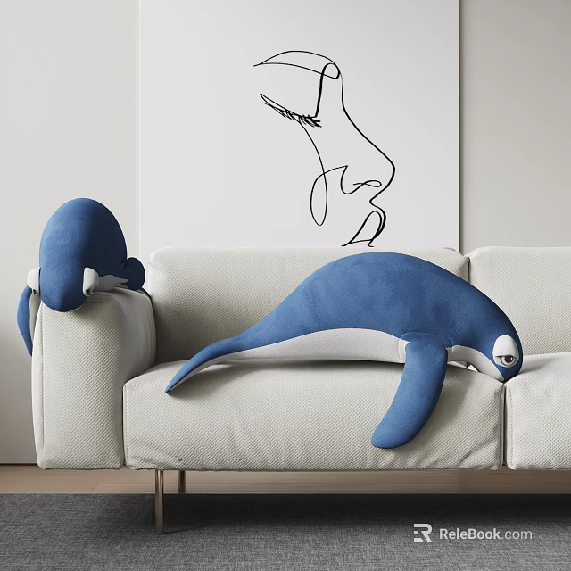Blue And White Whale Shaped Plush Pillows On Beige Sofa With Abstract Wall Art 3d model 