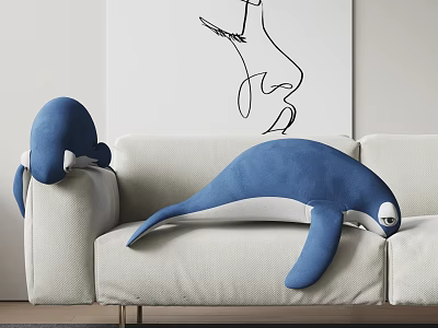 Blue And White Whale Shaped Plush Pillows On Beige Sofa With Abstract Wall Art 3d model