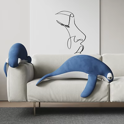 Blue And White Whale Shaped Plush Pillows On Beige Sofa With Abstract Wall Art 3d model