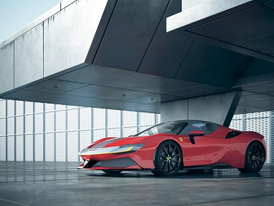 Sleek Red Sports Car In Modern Architectural Garage Setting With Black Wheels 3d model