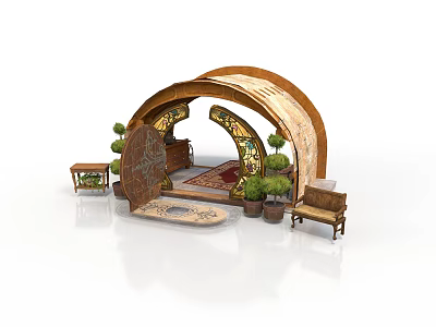 Traditional Arched Wooden Structure With Carved Design Small Table Bench Potted Plants And Rug 3d model