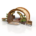 Traditional Arched Wooden Structure With Carved Design Small Table Bench Potted Plants And Rug