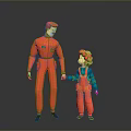 Tall Character In Orange Jumpsuit Holding Little Girl With Red Hair And Green Top