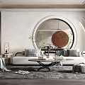 Modern Living Room Interior Design With Comfortable Sofa Coffee Table Round Mirror And Green Plant