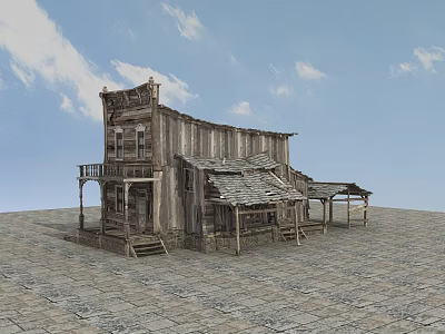 Old Western Wooden Building With Balcony Stairs And Stone Ground Under Blue Sky 3d model
