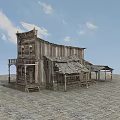 Old Western Wooden Building With Balcony Stairs And Stone Ground Under Blue Sky