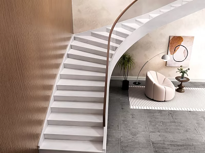 Modern Indoor Staircase With White Steps Wooden Handrail Glass Railing And Decorative Plant 3d model