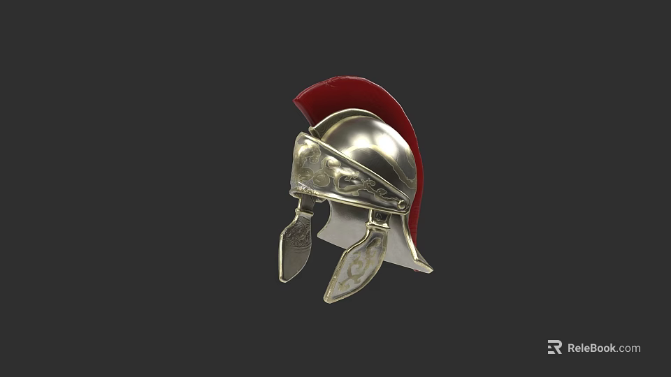 Silver Roman Helmet Sculpture Carving with Red Plume and Decorative Details 3d model 