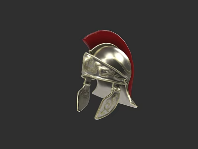 Silver Roman Helmet Sculpture Carving with Red Plume and Decorative Details 3d model