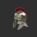 Silver Roman Helmet Sculpture Carving with Red Plume and Decorative Details