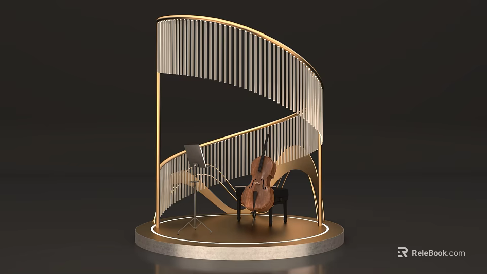 Curved Stage With Golden Frame Vertical Slats Cello Music Stand Chair And Circular Base 3d model 
