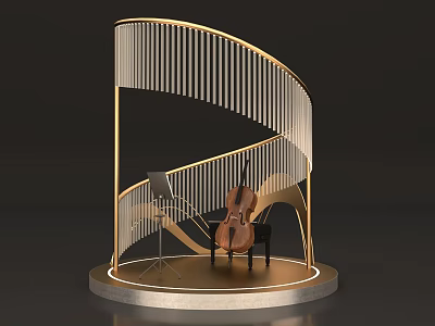 Curved Stage With Golden Frame Vertical Slats Cello Music Stand Chair And Circular Base 3d model