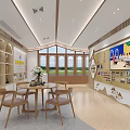Warm Kindergarten Interior Design With Wooden Windows Bookshelves Front Desk And Bright Atmosphere