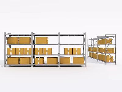 Organized Metal Storage Shelves With Multiple Layers Holding Yellow Boxes 3d model