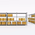 Organized Metal Storage Shelves With Multiple Layers Holding Yellow Boxes