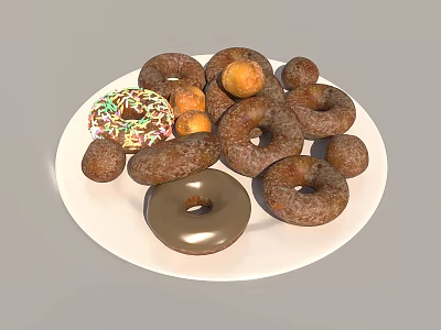 Assorted Donuts With Sprinkles Chocolate Glaze And Plain Varieties On White Plate 3d model