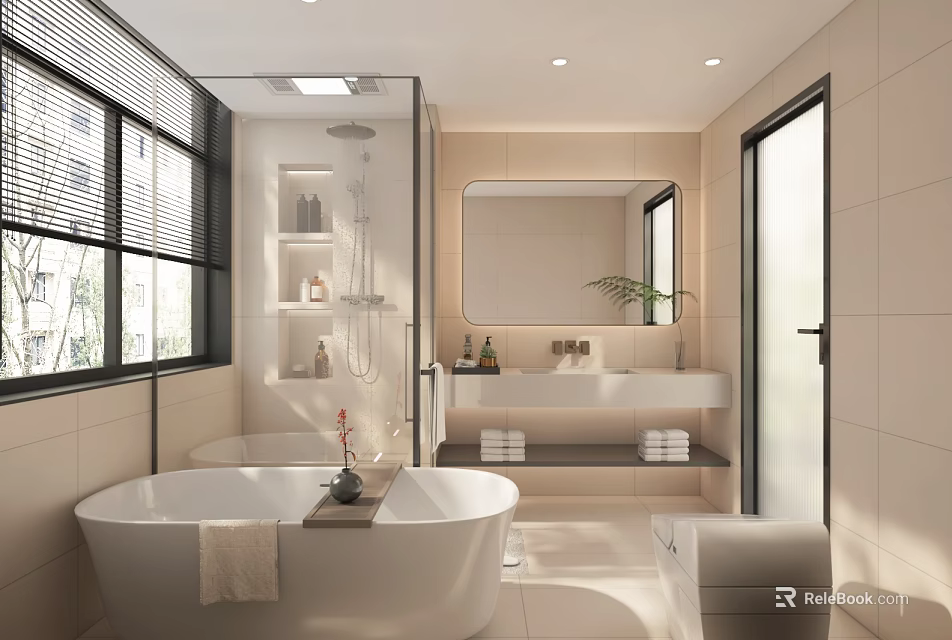 Modern Bathroom Interior With Freestanding Bathtub Double Vanity Sink And Large Mirror 3d model 