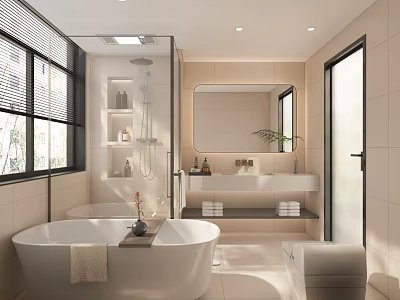 Modern Bathroom Interior With Freestanding Bathtub Double Vanity Sink And Large Mirror 3d model