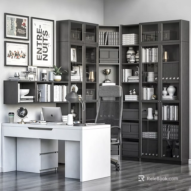 White Home Office Writing Desk and Chair Set with Black Bookshelves Lamp Globe and Decorations 3d model 